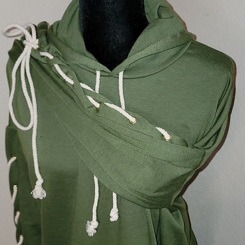 Green Lace up Hoodie/ Dress Tunic top - Picture 4 of 12